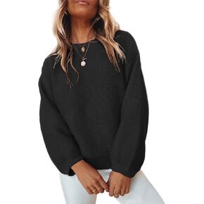 ARTFREE Womens Ribbed Knit Crewneck Sweater Lantern Sleeve Casual Loose Stretchy Solid Fall Winter Sweaters Pullover Tops