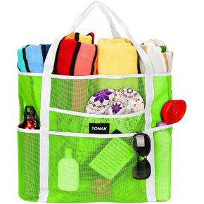 TONAK Mesh Beach Bag Toy Tote Bag Grocery Storage Net Bag Oversized Big XL with Pockets Foldable Lightweight for Family Pool