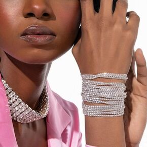 Obmyec Rhinestone Hand Harness Sparkle Crystal Hand Jewelry Silver Shiny Finger Ring Bracelets Full Hand Link Bracelets Hand Chain Hand Accessories for Women and Girls (Silver-5)