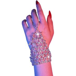 Obmyec Rhinestone Hand Harness Sparkle Crystal Hand Jewelry Silver Shiny Finger Ring Bracelets Full Hand Link Bracelets Hand Chain Hand Accessories for Women and Girls (Silver-5)
