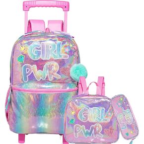 Rolling Backpack for Girls Kids Backpack with Wheels for Elementary Kindergarten Girls Wheeled Backpack Carry on Luggage Rolling Backpack with Lunch Bag