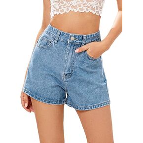 WDIRARA Women's High Waisted Button Straight Leg Denim Shorts with Pockets
