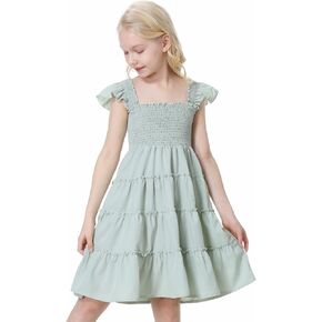 Mebius Girls Dresses Square Neck Smocked Ruffle Babydoll Boho Tiered Flutter Sleeve A-line Dress 6-12Y