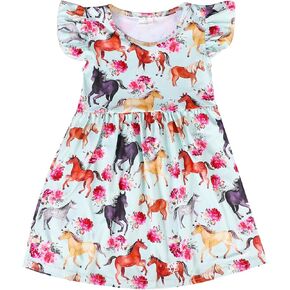 Toddler Girls Cartoon Dresses Ruffle Bottom Flutter Sleeve Summer Apparel 2-7Y
