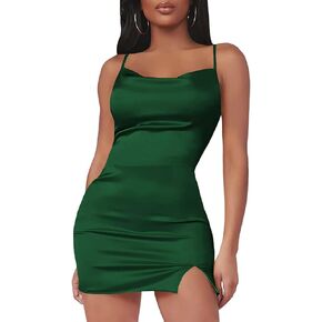 LYANER Women's Satin Split Hem Cowl Neck Sleeveless Bodycon Spaghetti Strap Mini Dress