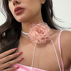 BETHYNAS Vintage Flower Velvet Choker Necklace Gothic Large Lace Rose Neck Chain Long Wrap Collar Tie Floral Women Neck Accessories Bridal Party Jewelry for Women Girls (Style 1-Pink) in Kuwait