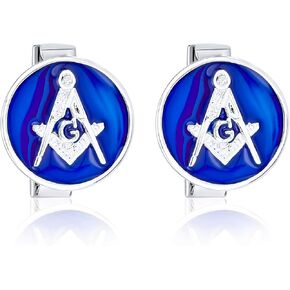 Round Circle Disc Freemasons Compass Symbol Masonic Cufflinks For Men Royal Blue Enamel Two Tone .925 Sterling Silver Hinge Bullet Back in Kuwait