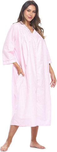 Casual Nights Women's Zip Front Woven House Dress | 3/4 Sleeves Housecoat Long Duster Lounger in Kuwait