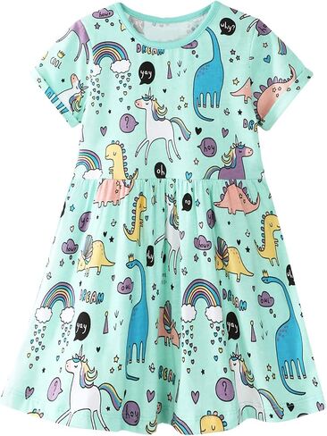 Toddler Girls Cotton Dinosaur Tunic Dress Short Sleeve Summer Casual Outfit 2-7T in Kuwait