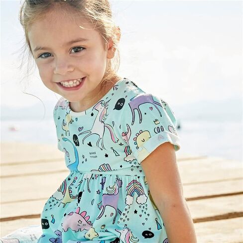 Toddler Girls Cotton Dinosaur Tunic Dress Short Sleeve Summer Casual Outfit 2-7T in Kuwait