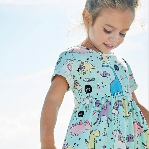 Toddler Girls Cotton Dinosaur Tunic Dress Short Sleeve Summer Casual Outfit 2-7T in Kuwait
