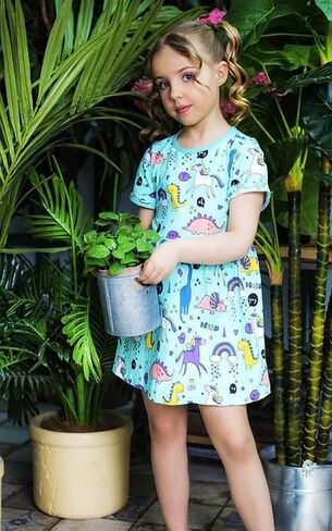 Toddler Girls Cotton Dinosaur Tunic Dress Short Sleeve Summer Casual Outfit 2-7T in Kuwait