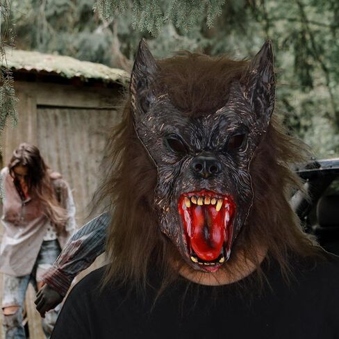 قناع ذئب من منطقة الحفلات للرجال، ملصقات وشم مؤقتة باللون البني الداكن، قناع رعب فروي للوجه بالكامل لحفلات تنكرية للهالوين in Kuwait