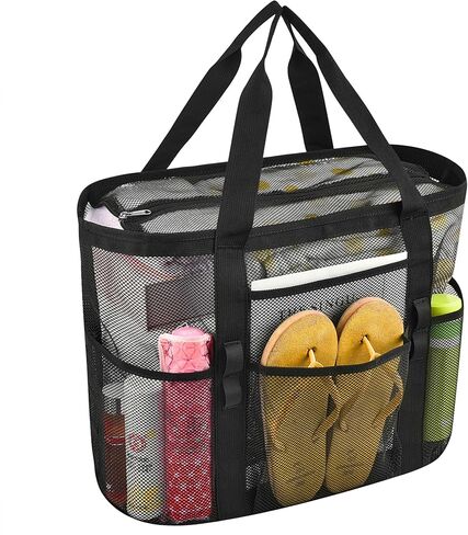 حقيبة حمل شبكية كبيرة جدًا مع جيوب متعددة، حقيبة شاطئ شديدة التحمل للرحلات العائلية والتخييم والسباحة in Kuwait