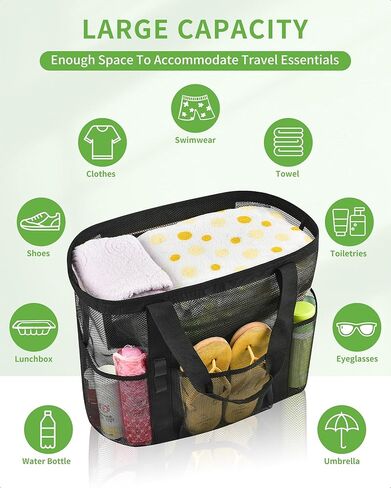 حقيبة حمل شبكية كبيرة جدًا مع جيوب متعددة، حقيبة شاطئ شديدة التحمل للرحلات العائلية والتخييم والسباحة in Kuwait