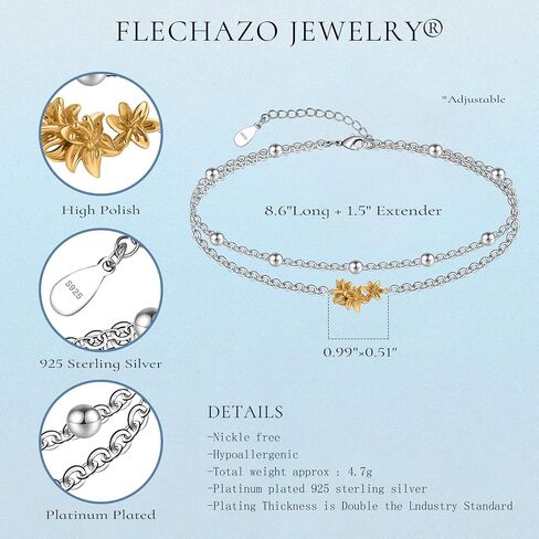 Ankle Bracelets for Women 925 Sterling Silver Anklet Flower/Owl/Sun/Whale/Palm Tree Summer Double Anklet Dainty Adjustable Ankle Bracelet 9 to 10 Inches in Saudi Arabia