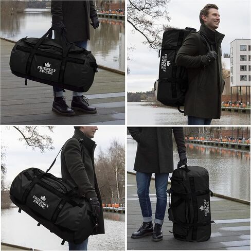 حقيبة دفل سويدية ودية للنساء والرجال مع أحزمة ظهر، حقيبة رياضية للنساء، حقيبة سفر، حقائب عطلة نهاية الأسبوع للنساء، حقيبة دفل للنساء - مادة SANDHAMN Duffle المقاومة للماء - أسود - 90 لتر in Kuwait