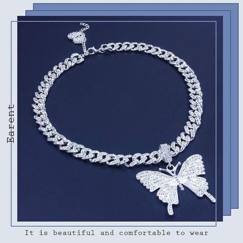 Earent حجر الراين فراشة المختنق قلادة مكتنزة الكوبية ربط سلسلة فراشة قلادة القلائد سلسلة سباركلي الرقبة مجوهرات اكسسوارات الحفلات للنساء والفتيات (A-الفضة) in Kuwait