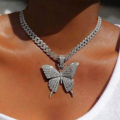 Earent حجر الراين فراشة المختنق قلادة مكتنزة الكوبية ربط سلسلة فراشة قلادة القلائد سلسلة سباركلي الرقبة مجوهرات اكسسوارات الحفلات للنساء والفتيات (A-الفضة) in Kuwait