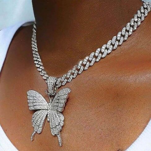 Earent حجر الراين فراشة المختنق قلادة مكتنزة الكوبية ربط سلسلة فراشة قلادة القلائد سلسلة سباركلي الرقبة مجوهرات اكسسوارات الحفلات للنساء والفتيات (A-الفضة) in Kuwait