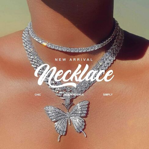 Earent حجر الراين فراشة المختنق قلادة مكتنزة الكوبية ربط سلسلة فراشة قلادة القلائد سلسلة سباركلي الرقبة مجوهرات اكسسوارات الحفلات للنساء والفتيات (A-الفضة) in Kuwait