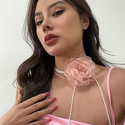 BETHYNAS Vintage Flower Velvet Choker Necklace Gothic Large Lace Rose Neck Chain Long Wrap Collar Tie Floral Women Neck Accessories Bridal Party Jewelry for Women Girls (Style 1-Pink) in Kuwait