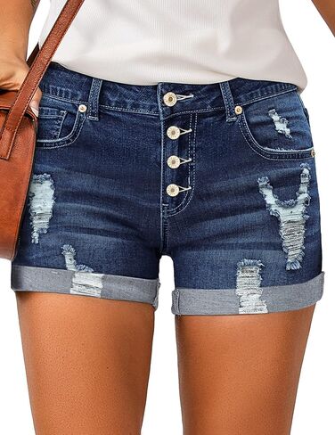 LookbookStore شورت جينز نسائي عالي الخصر من قماش الدنيم ممزق بأزرار وأكمام in Kuwait
