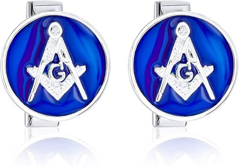 Round Circle Disc Freemasons Compass Symbol Masonic Cufflinks For Men Royal Blue Enamel Two Tone .925 Sterling Silver Hinge Bullet Back in Saudi Arabia