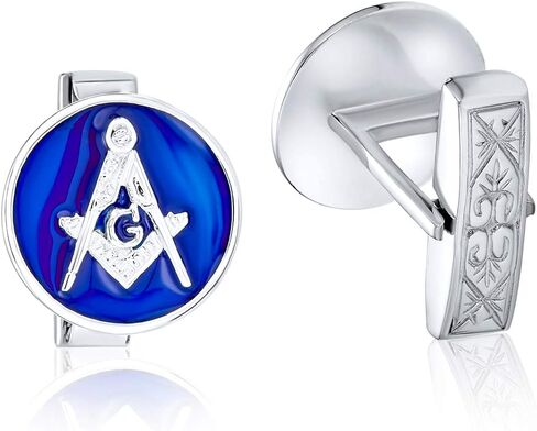 Round Circle Disc Freemasons Compass Symbol Masonic Cufflinks For Men Royal Blue Enamel Two Tone .925 Sterling Silver Hinge Bullet Back in Saudi Arabia