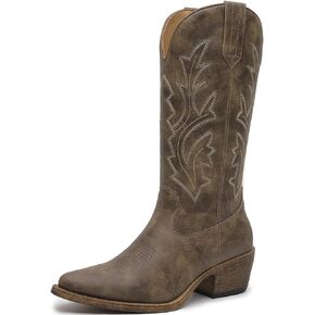GLOBALWIN Women's Mid Calf Western Cowboy Boots Cowgirl Boots for Women with Floral Embroidery Side Zipper Chunky Heel