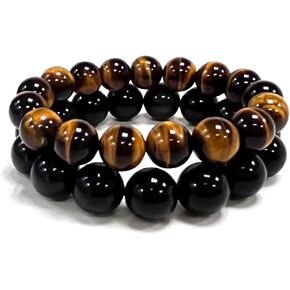 Ruishupin Natural crystal bracelet,Genuine Tigers Eye Black Obsidian 13mm Beads Bracelet for Men&women, Jewelry Healing Bracelets Bring Luck and happyness Prosperity. a blessing gift. 2 pack（Yellow + Black）