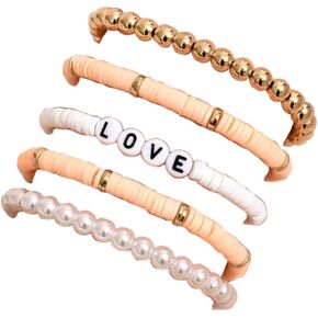 Fuqimanman2020 5 Pcs Bohemian Colorful Clay Beaded Stackable Bracelets Set Handmade Polymer Clay Faux Pearl Beads Love Bracelets for Women Girls Jewelry