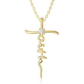 SISGEM Solid 14K Gold Faith Cross Necklace Hope Believe Pendant Necklace with Moissanite Religious Jewelry for Women Anniversary Birhtday Mother's Day Jewelry Gifts for Mom, Wife, 16+2 Inch