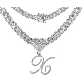 Ied Kashiqi Womens Cursive Initial Pendant with Iced Out Cuban Link Chain 18k White Gold Plated Hip Hop Capital Letter Necklace for Men with Giftbox(18In)