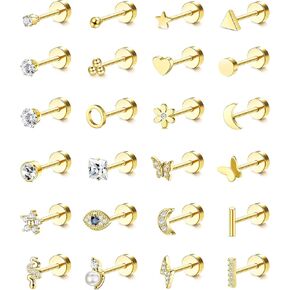 Thunaraz 24 قطعة من الأقراط الجراحية الفولاذية للنساء والرجال 20 جرام أقراط غضروفية صغيرة مسمار صغير ثعبان القمر نجمة فراشة زهرة هيبوالرجينيك برغي مسطح الظهر أقراط ثقب المجوهرات in Kuwait