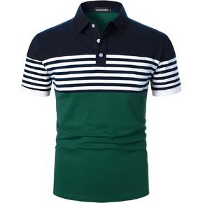 LUJENGEFA Mens Polo Shirts Long/Short Sleeve Striped Casual Slim Fit Golf Polo Contrast Color Summer Cotton T-Shirts