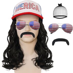 JoneTing 4 Pcs Black USA Mullet Hat Wig【+1 Wig Cap +1 Glasses +1 Mustache】 Merica Redneck 4th of July American Costume Black Hair Wig for All American Billy Bob Costume Halloween Party in Kuwait