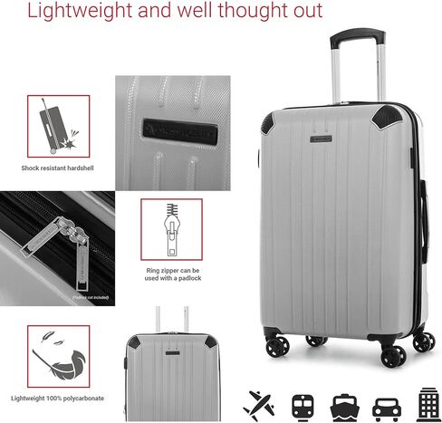 سويس موبيليتي مجموعة حقائب سفر بهيكل صلب من بي في جي كوليكشن مكونة من 3 قطع، حقائب قابلة للتوسيع بعجلات دوارة 360 درجة، مقبض قابل للسحب، 20 انش للحمل، مقاس متوسط 24 انش، حقائب كبيرة 28 انش، فضي, فضي in Kuwait