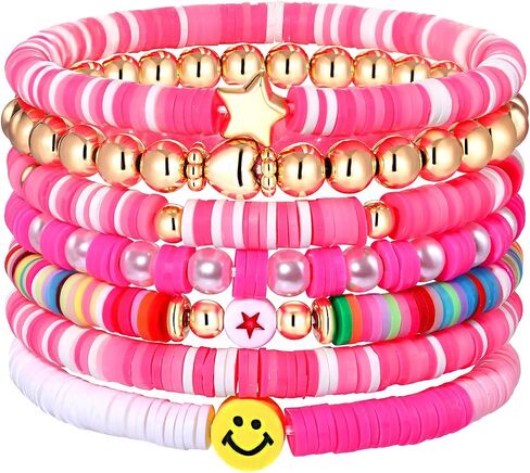 NVENF Rainbow Heishi Bracelets for Women Stackable African Vinyl Disc Bead Stretch Bracelets Bohemia Layered Surfer Bracelets Summer Beach Accessory in Saudi Arabia