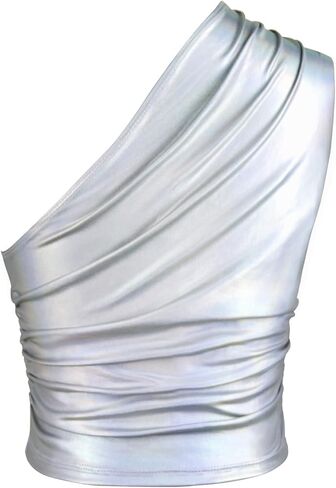 ملابس علوية للسيدات من Amy Babe ذات لون معدني سائل بدون أكمام مكشكشة بكتف واحد ملابس النادي الليلية in Kuwait