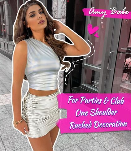 ملابس علوية للسيدات من Amy Babe ذات لون معدني سائل بدون أكمام مكشكشة بكتف واحد ملابس النادي الليلية in Kuwait