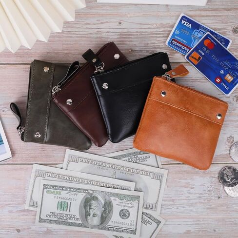 اوياشيك 4 قطع من محفظة العملات المعدنية الجلدية حامل البطاقات محفظة بسحاب حقيبة تغيير حقيبة ماكياج مع حلقة مفاتيح للرجال والنساء، محفظة عملات معدنية in Kuwait