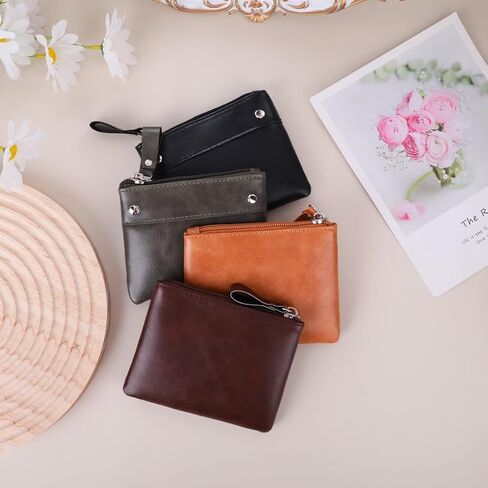 اوياشيك 4 قطع من محفظة العملات المعدنية الجلدية حامل البطاقات محفظة بسحاب حقيبة تغيير حقيبة ماكياج مع حلقة مفاتيح للرجال والنساء، محفظة عملات معدنية in Kuwait