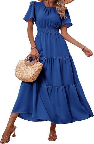 PRETTYGARDEN Women's Summer Casual Short Flutter Sleeve Round Neck Smocked Waist Tiered Boho Floral Flowy Maxi Dress in Saudi Arabia