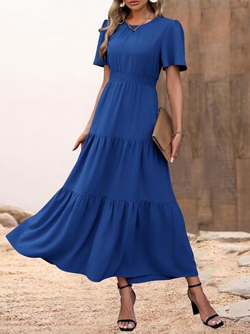 PRETTYGARDEN Women's Summer Casual Short Flutter Sleeve Round Neck Smocked Waist Tiered Boho Floral Flowy Maxi Dress in Saudi Arabia