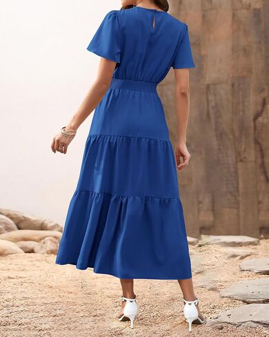 PRETTYGARDEN Women's Summer Casual Short Flutter Sleeve Round Neck Smocked Waist Tiered Boho Floral Flowy Maxi Dress in Saudi Arabia