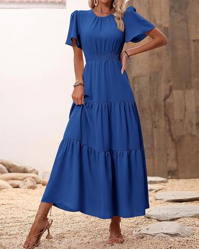 PRETTYGARDEN Women's Summer Casual Short Flutter Sleeve Round Neck Smocked Waist Tiered Boho Floral Flowy Maxi Dress in Saudi Arabia