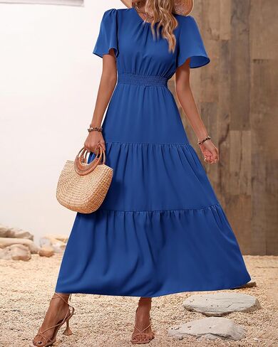 PRETTYGARDEN Women's Summer Casual Short Flutter Sleeve Round Neck Smocked Waist Tiered Boho Floral Flowy Maxi Dress in Saudi Arabia
