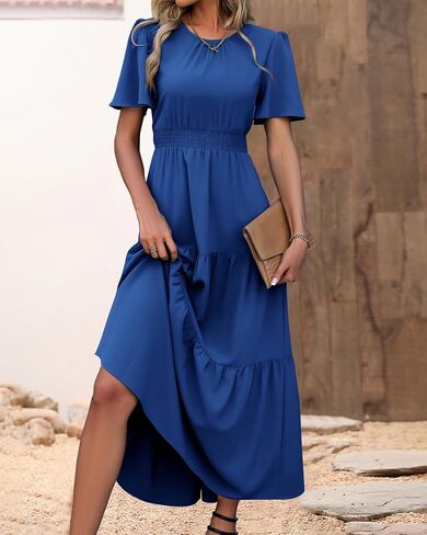 PRETTYGARDEN Women's Summer Casual Short Flutter Sleeve Round Neck Smocked Waist Tiered Boho Floral Flowy Maxi Dress in Saudi Arabia