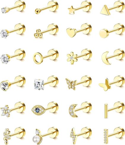 Thunaraz 24 قطعة من الأقراط الجراحية الفولاذية للنساء والرجال 20 جرام أقراط غضروفية صغيرة مسمار صغير ثعبان القمر نجمة فراشة زهرة هيبوالرجينيك برغي مسطح الظهر أقراط ثقب المجوهرات in Kuwait